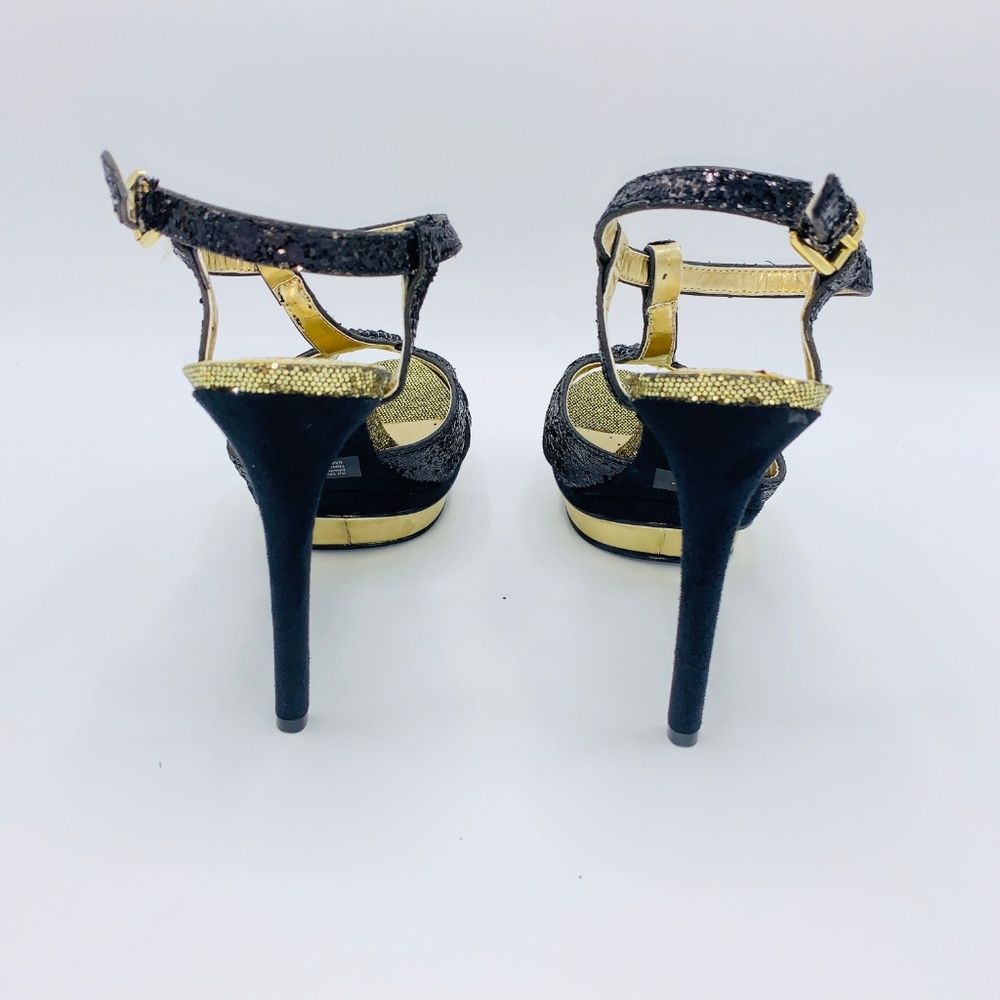 Falchi Natalie Women's Black/Gold Peep Toe Heels - Picture 5 of 6